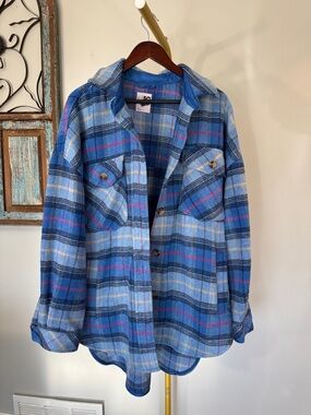 SO Light Blue Plaid Button-Up Shirt Jacket flannel shacket XL
